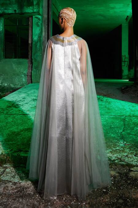 Shop_Akhl_Silver Textured Satin (90% Polyester 10% Wave Metallic Yoke Tulle Kaftan _at_Aza_Fashions