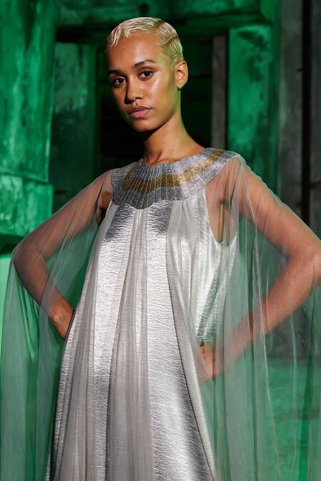 Akhl_Silver Textured Satin (90% Polyester 10% Wave Metallic Yoke Tulle Kaftan _Online_at_Aza_Fashions