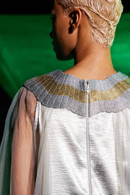 Buy_Akhl_Silver Textured Satin (90% Polyester 10% Wave Metallic Yoke Tulle Kaftan _Online_at_Aza_Fashions