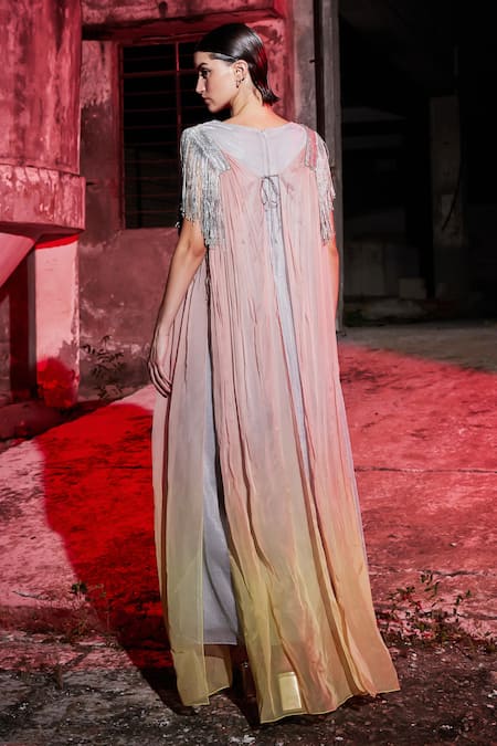 Shop_Akhl_Pink Lurex-tulle (57% Metallic Yarn 43% Polyester) + Chiffon Tasseled Kaftan _at_Aza_Fashions