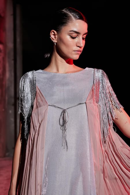 Akhl_Pink Lurex-tulle (57% Metallic Yarn 43% Polyester) + Chiffon Tasseled Kaftan _Online_at_Aza_Fashions