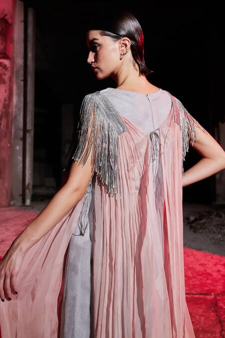 Buy_Akhl_Pink Lurex-tulle (57% Metallic Yarn 43% Polyester) + Chiffon Tasseled Kaftan _Online_at_Aza_Fashions