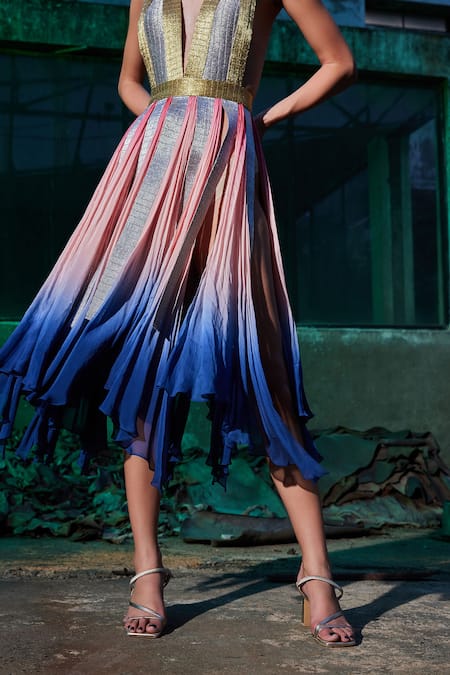 Buy_Akhl_Blue Chiffon (100% Viscose) Hand Embroidery Abstract Plunging V Bodice Dress _Online_at_Aza_Fashions