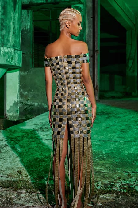Shop_Akhl_Gold Yarn (30% Fiber 70% Polyester) Hand Embroidery Dress _at_Aza_Fashions