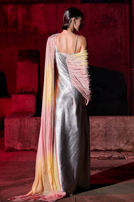 Shop_Akhl_Pink Chiffon (100% Viscose) Hand Embroidery Sequins Asymmetric Neck Draped Dress _at_Aza_Fashions