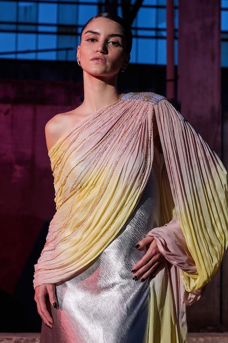 Akhl_Pink Chiffon (100% Viscose) Hand Embroidery Sequins Asymmetric Neck Draped Dress _Online_at_Aza_Fashions
