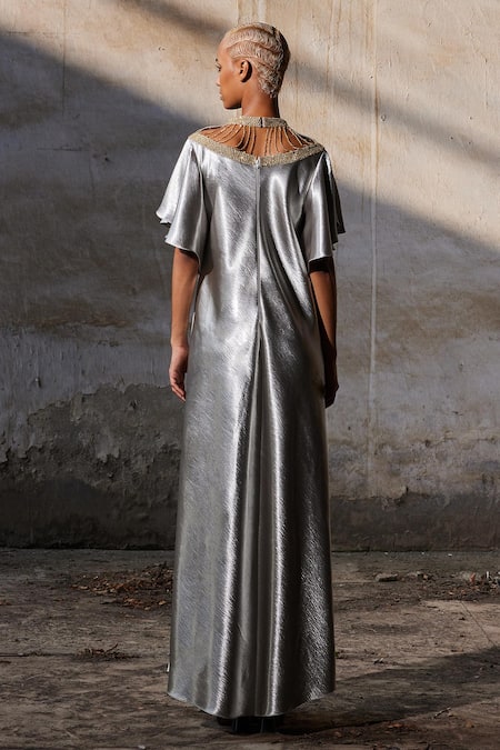 Shop_Akhl_Silver Textured Satin (90% Polyester 10% Elastane) Hand Embroidery Yoke Dress _at_Aza_Fashions