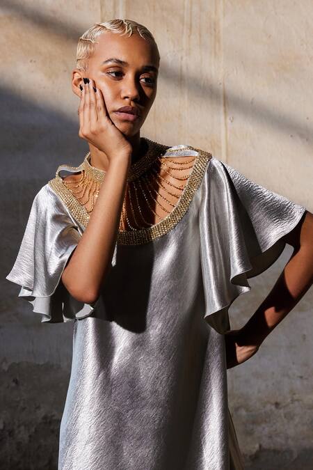 Akhl_Silver Textured Satin (90% Polyester 10% Elastane) Hand Embroidery Yoke Dress _Online_at_Aza_Fashions