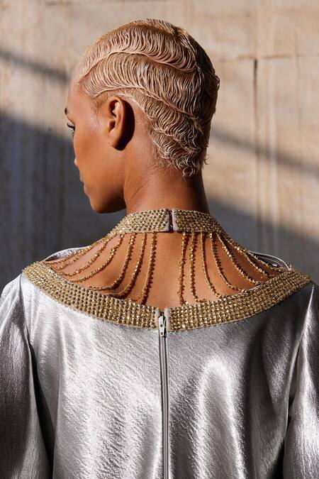 Shop_Akhl_Silver Textured Satin (90% Polyester 10% Elastane) Hand Embroidery Yoke Dress _Online_at_Aza_Fashions