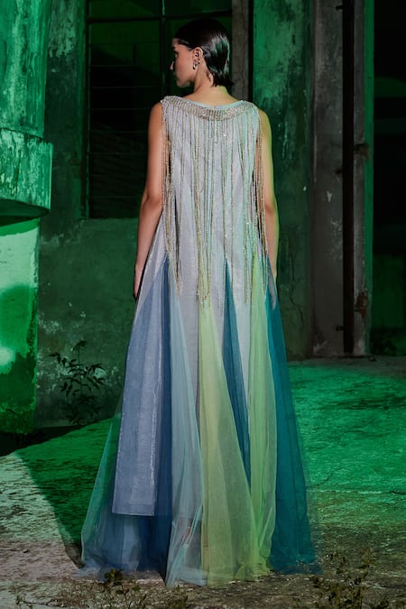 Shop_Akhl_Blue Lurex-tulle (57% Metallic Yarn 43% Polyester) Asymmetric Tassel Maxi Dress _at_Aza_Fashions