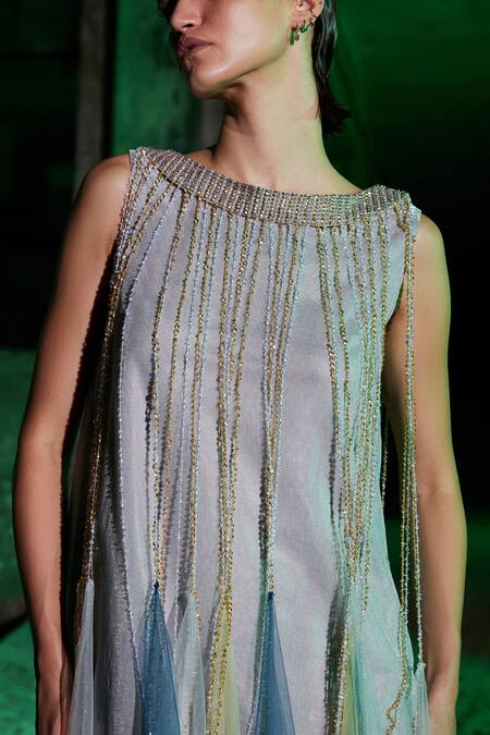 Akhl_Blue Lurex-tulle (57% Metallic Yarn 43% Polyester) Asymmetric Tassel Maxi Dress _Online_at_Aza_Fashions