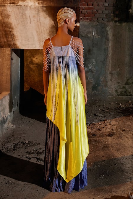 Shop_Akhl_Yellow Chiffon (100% Viscose) Hand Embroidery Sequins Square Two Tone Dress _at_Aza_Fashions