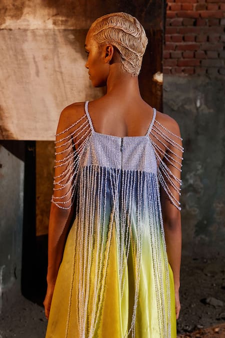 Buy_Akhl_Yellow Chiffon (100% Viscose) Hand Embroidery Sequins Square Two Tone Dress _Online_at_Aza_Fashions