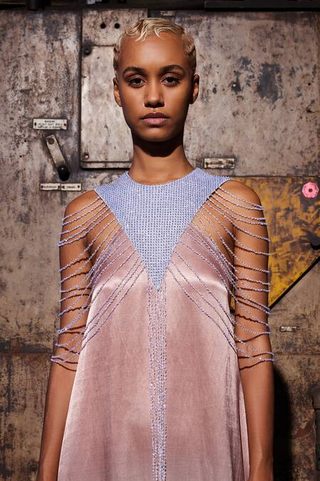 Akhl_Pink Matte Satin (60% Viscose 40% Cotton) Hand Embroidery Sequins Ombre Dress _Online_at_Aza_Fashions