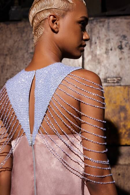 Buy_Akhl_Pink Matte Satin (60% Viscose 40% Cotton) Hand Embroidery Sequins Ombre Dress _Online_at_Aza_Fashions