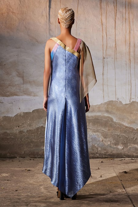 Shop_Akhl_Blue Textured Satin (90% Polyester 10% Elastane) Plain One Sleeve Dress _at_Aza_Fashions