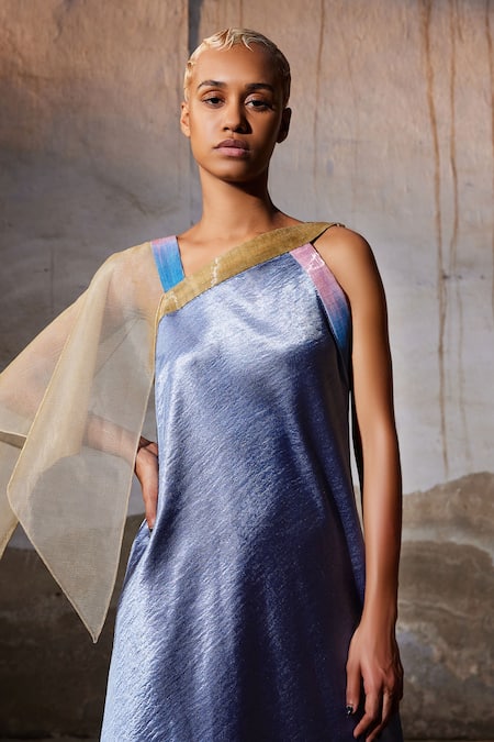 Akhl_Blue Textured Satin (90% Polyester 10% Elastane) Plain One Sleeve Dress _Online_at_Aza_Fashions