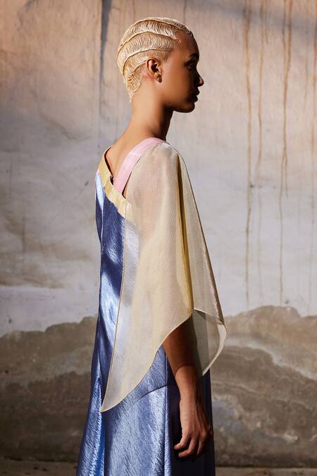 Buy_Akhl_Blue Textured Satin (90% Polyester 10% Elastane) Plain One Sleeve Dress _Online_at_Aza_Fashions