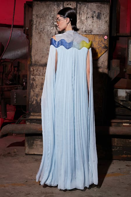 Shop_Akhl_Blue Chiffon (100% Viscose) Embroidery Wave Round Collar Glass Kaftan _at_Aza_Fashions