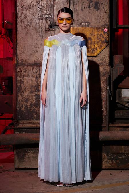 Akhl_Blue Chiffon (100% Viscose) Embroidery Wave Round Collar Glass Kaftan _Online_at_Aza_Fashions