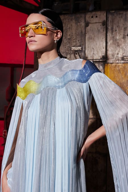 Buy_Akhl_Blue Chiffon (100% Viscose) Embroidery Wave Round Collar Glass Kaftan _Online_at_Aza_Fashions