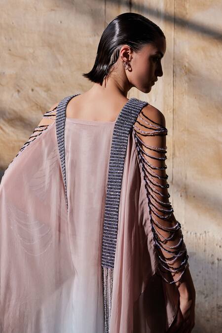 Shop_Akhl_Pink Chiffon (100% Viscose) Embroidery Sequins Square Neck Gradient Kaftan _at_Aza_Fashions