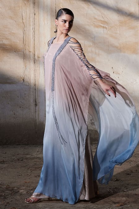Akhl_Pink Chiffon (100% Viscose) Embroidery Sequins Square Neck Gradient Kaftan _Online_at_Aza_Fashions