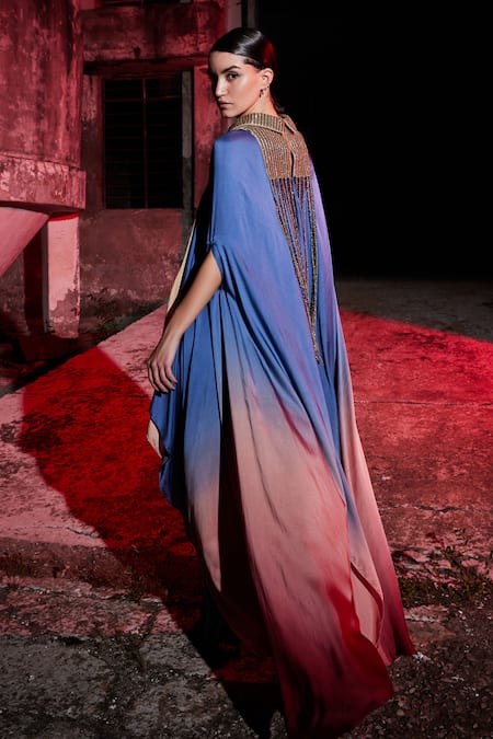 Shop_Akhl_Blue Satin (66% Viscose 34% Modal) Embroidery Sequins Collared Neck Shirt Kaftan _at_Aza_Fashions