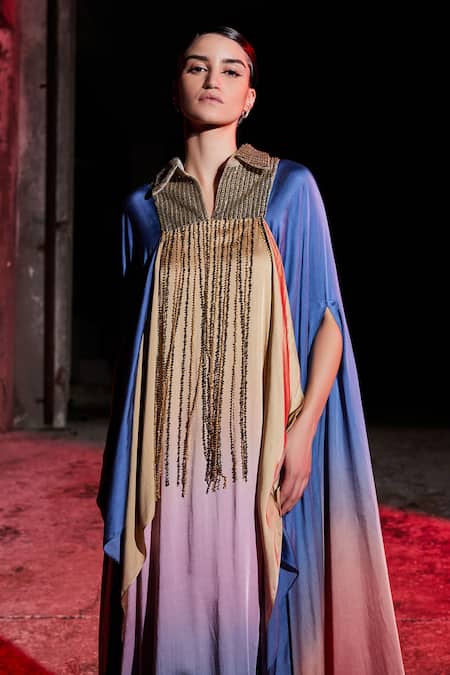 Akhl_Blue Satin (66% Viscose 34% Modal) Embroidery Sequins Collared Neck Shirt Kaftan _Online_at_Aza_Fashions