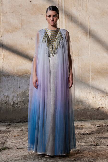Akhl_Silver Polyester, Nylon Tassels, Embroidery Round Metallic Yarn Yoke Kaftan _Online_at_Aza_Fashions