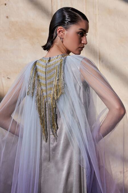 Shop_Akhl_Silver Polyester, Nylon Tassels, Embroidery Round Metallic Yarn Yoke Kaftan _Online_at_Aza_Fashions