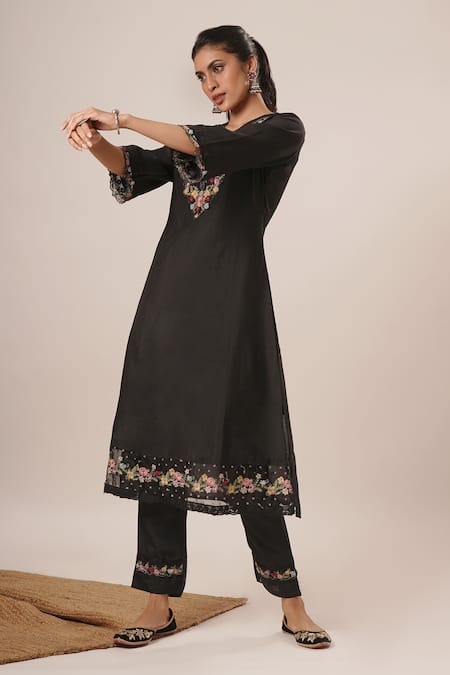 Tuli_Black Viscose, Silk, Chiffon Avani Ira Floral Thread Work Kurta Pant Set_Online_at_Aza_Fashions