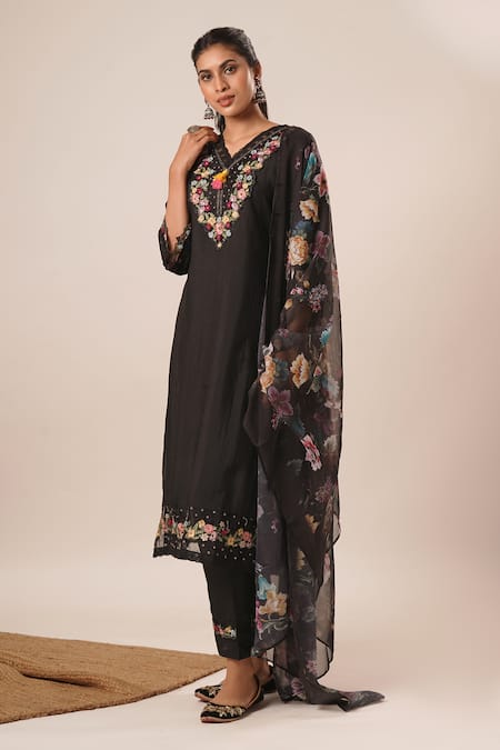 Shop_Tuli_Black Viscose, Silk, Chiffon Avani Ira Floral Thread Work Kurta Pant Set_Online_at_Aza_Fashions