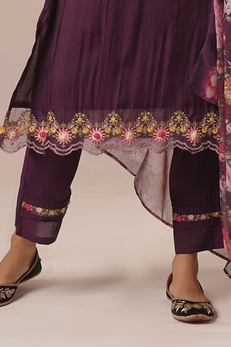 Tuli_Purple Viscose, Silk, Chiffon Embroidery, Tassels Round Neck Kurta Pant Set_Online_at_Aza_Fashions