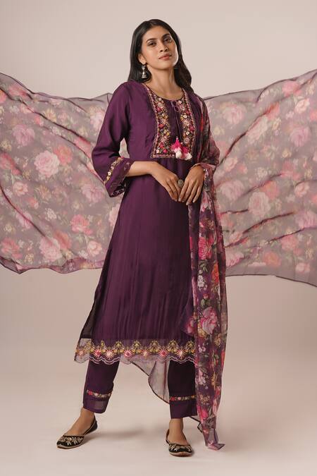 Buy_Tuli_Purple Viscose, Silk, Chiffon Embroidery, Tassels Round Neck Kurta Pant Set_Online_at_Aza_Fashions