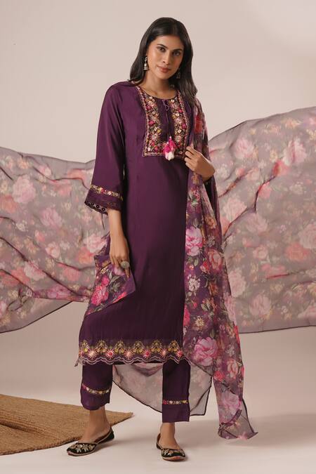 Shop_Tuli_Purple Viscose, Silk, Chiffon Embroidery, Tassels Round Neck Kurta Pant Set_Online_at_Aza_Fashions