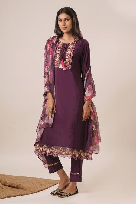 Tuli_Purple Viscose, Silk, Chiffon Embroidery, Tassels Round Neck Kurta Pant Set_at_Aza_Fashions
