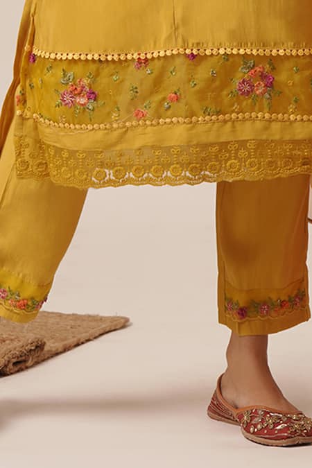 Shop Tuli Yellow Viscose, Silk, Chiffon Embroidery Round Floral Straight Kurta And Pant Set Online at Aza Fashions Shop_Tuli_Yellow Viscose, Silk, Chiffon Embroidery Round Floral Straight Kurta And Pant Set_Online_at_Aza_Fashions