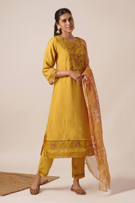 Tuli_Yellow Viscose, Silk, Chiffon Embroidery Round Floral Straight Kurta And Pant Set_at_Aza_Fashions