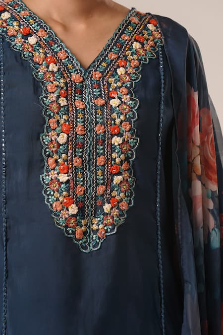 Shop_Tuli_Blue Viscose, Silk, Chiffon Tassels, Embroidery Avani Azha Kurta Pant Set_Online_at_Aza_Fashions
