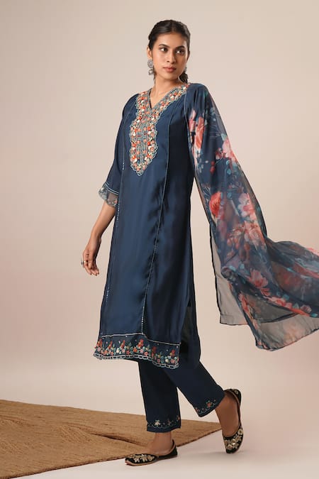 Tuli_Blue Viscose, Silk, Chiffon Tassels, Embroidery Avani Azha Kurta Pant Set_at_Aza_Fashions