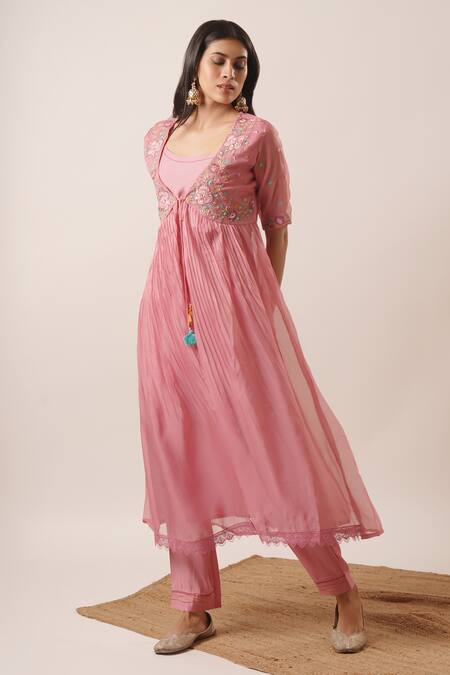 Tuli_Pink Organza, Viscose, Silk Embroidery, Pearls Vedi Mathura Jacket Pant Set_Online_at_Aza_Fashions