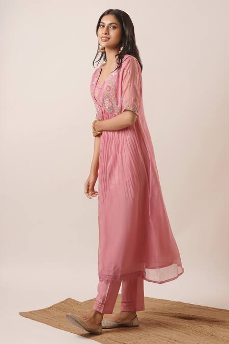 Shop_Tuli_Pink Organza, Viscose, Silk Embroidery, Pearls Vedi Mathura Jacket Pant Set_Online_at_Aza_Fashions