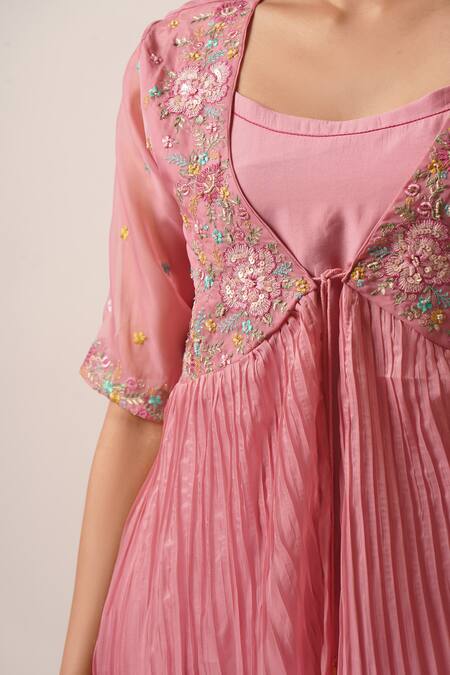 Buy_Tuli_Pink Organza, Viscose, Silk Embroidery, Pearls Vedi Mathura Jacket Pant Set