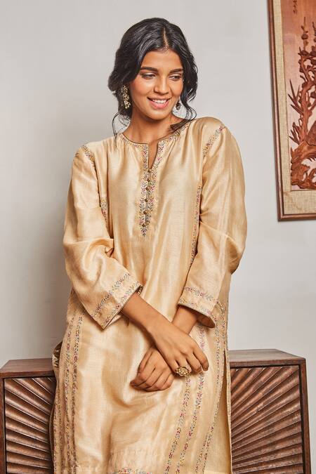 BO Tree_Beige Silk, Tissue, Brocade, Chanderi Embroidery Collared Tara Kurta Pant Set_Online_at_Aza_Fashions