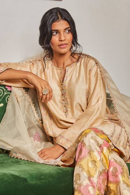Buy_BO Tree_Beige Silk, Tissue, Brocade, Chanderi Embroidery Collared Tara Kurta Pant Set_Online_at_Aza_Fashions