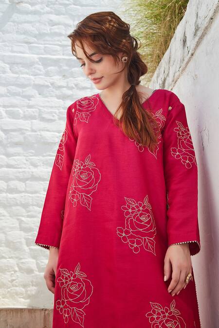 BO Tree_Pink Thin Raw Silk Embroidered Floral V Neck Gulab Kurta Pant Set_Online_at_Aza_Fashions