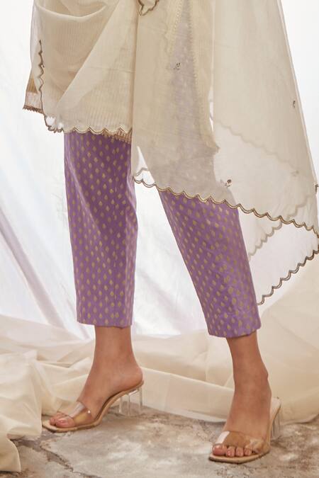 Shop_BO Tree_Off White Cotton Zari Embellished Lace V Neck Kurta Pant Set_Online_at_Aza_Fashions