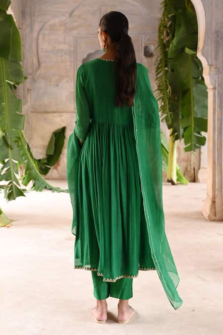 Shop_Deep Thee_Green Chanderi Zari, Beads, Angrakha Anarkali Set With Embroidered Dupatta _at_Aza_Fashions