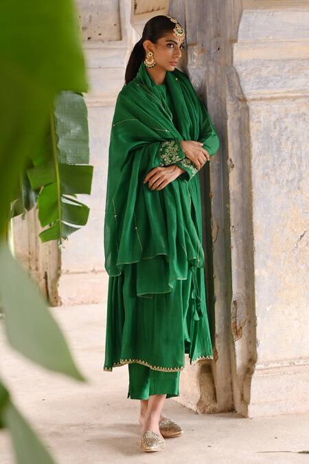 Deep Thee_Green Chanderi Zari, Beads, Angrakha Anarkali Set With Embroidered Dupatta _Online_at_Aza_Fashions